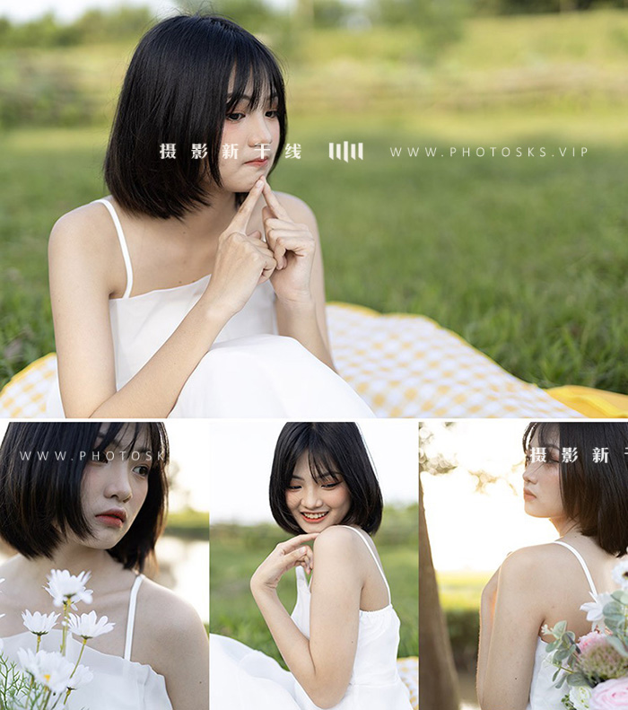 【M410】清纯吊带裙甜美女孩草地写真摄影RAW原片素材12张 CR3格式